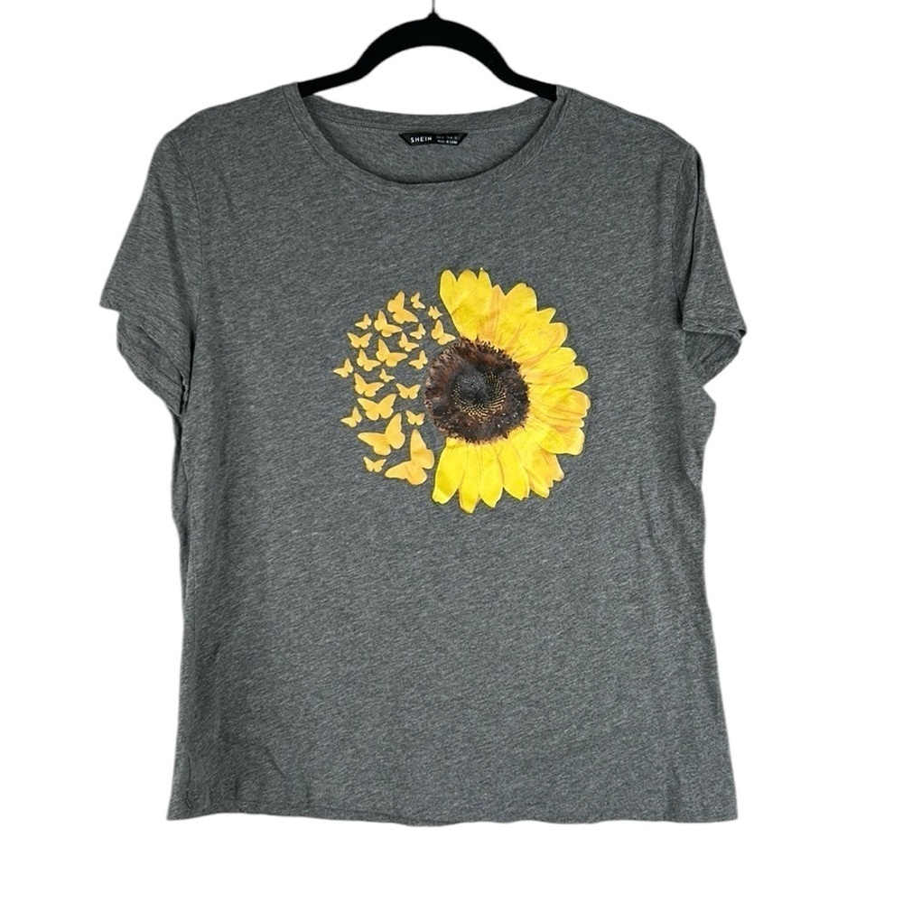 Shein‎ 90's Y2K Gray Sunflower Butterly Print Short Sleeve T-Shirt Top Size XL